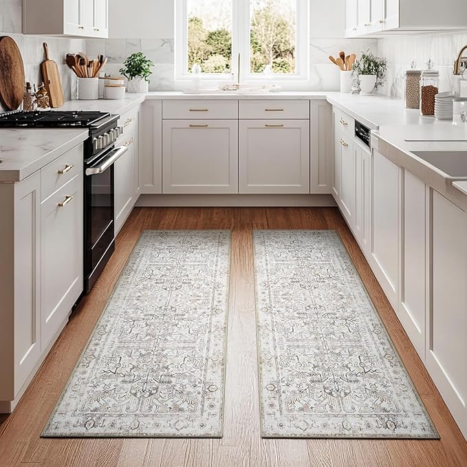 jinchan Lima Kitchen Runner Rug 2x5-2pcs, Vintage Hallway Rug Washable Floral Non Slip with Rubber Backing Soft Carpet Runner for Bedroom Laundry Room Living Room Taupe