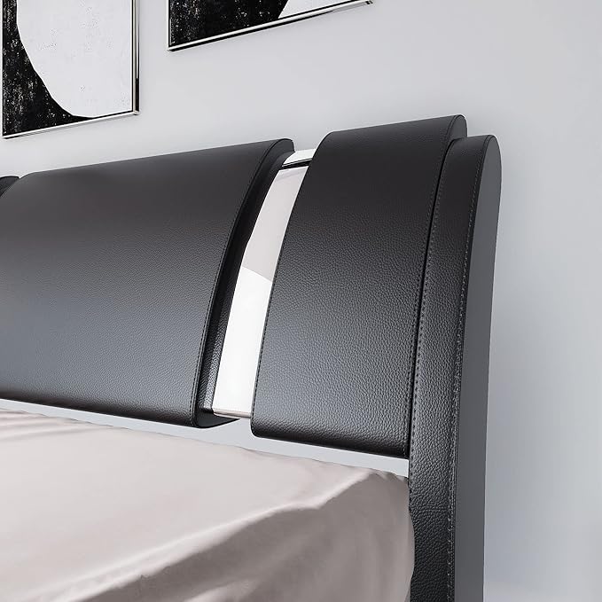 Allewie King Size Bed Frame with Iron Piece Decor, Faux Leather Upholstered Platform Bed with Curved Adjustable Headboard, Wooden Slats Support, No Box Spring Needed, Modern Black