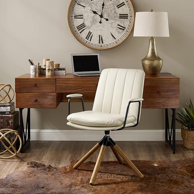 Art Leon Desk Chair No Wheels, Set of 2, Mid Century Modern Swivel Chair with Oak Wood Legs, Faux Leather Home Office Desk Chairs for Bedroom Living Room, Off White