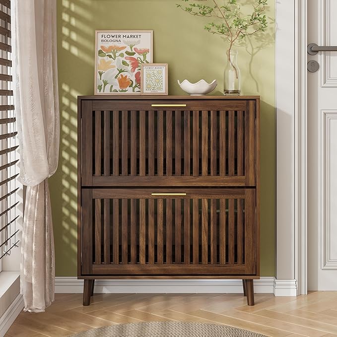 Vibe & Dine Shoe Cabinet with 2 Flip Drawers, Narrow Shoe Organizer with Gold Handles, Freestanding Shoe Storage Cabinet for Entryway Slim, Wood Shoe Rack for Hallway, Bedroom, Walnut