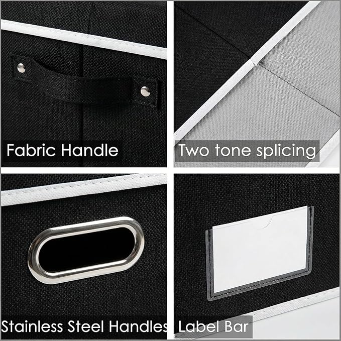 PRANDOM Storage Boxes with Lids [3-Pack] Fabric Collapsible Storage Bins Organizer Containers Baskets Cube with Cover for Home Bedroom Closet Office Nursery Black（23.4X15.9X11.5