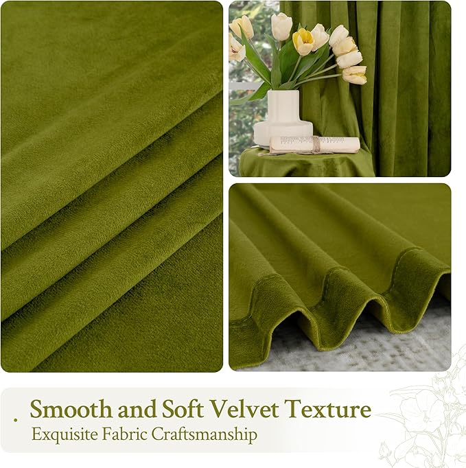 LAMIT Moss Green Velvet Curtains for Living Room, 120 Inches Thermal Insulated Room Darkening Panels Super Soft Back Tab and Rod Pocket Window Drapes for Bedroom, 2 Panels, 52 x 120 Inch