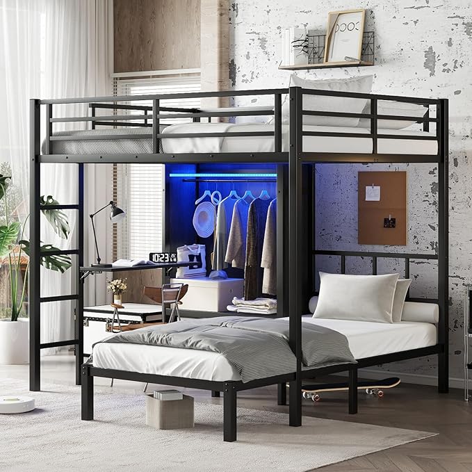 Full XL Over Twin Metal Bunk Bed with Folding Desk, Closet LED,Space-Saving/Noise Reduced, Black Modern Style Multi-Functional Storage Needs Space-Saving Noise Reduced