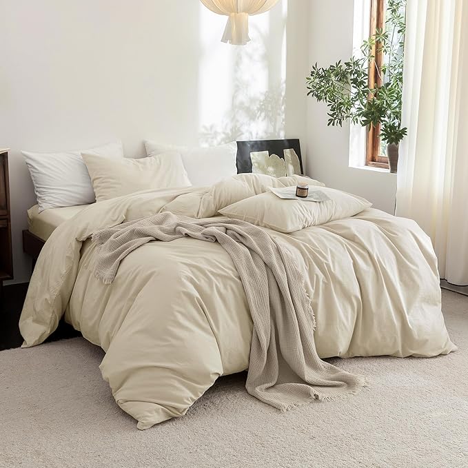 FOSSA Duvet Cover Set 100% Washed Cotton Linen Feel Super Soft Breathable Cozy 3 Pieces Bedding Sets Solid Almond Grey Oversized Queen
