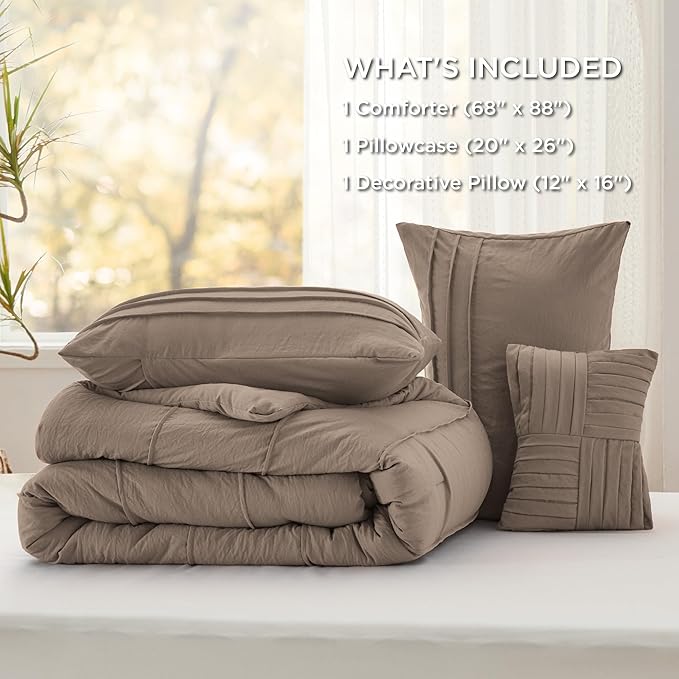 Bedsure Twin Comforter Set - 3 Pieces Pinch Pleat Bed Set, Brown Boho Bedding for All Season, 1 Soft Comforter, 1 Pillowcase, 1 Decorative Pillow