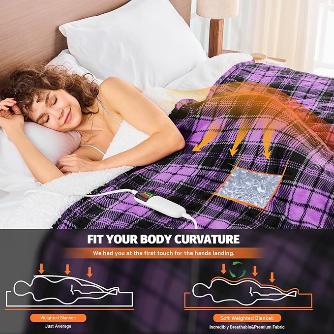 Purple Heated Weighted Blanket for Adults Queen Size 15Lbs 60"x80", 2-in-1 Electric Heating Pad Lap Heavy Blanket for 140-160lbs for Bed, 10 Level 8H Auto Off, Cozy Birthday Gifts for Women Mom Senior