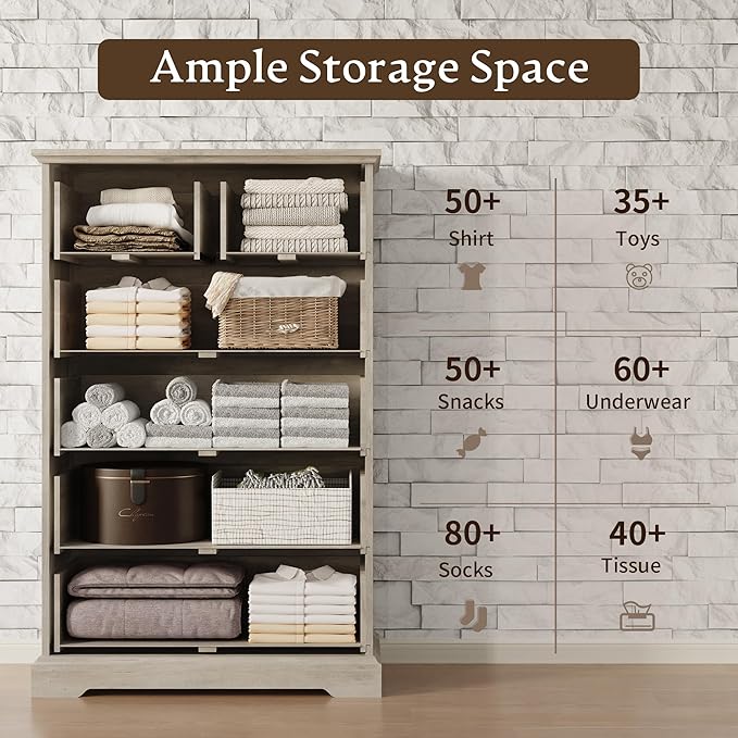 Farmhouse 6 Drawers Dresser for Bedroom, 49" Tall Modern Chest of Drawers with Deep Drawers & Bar Handles, Rustic Wood Dresser TV Stand, Wooden Closet Storage Organizer for Living Room, Hallway, Grey