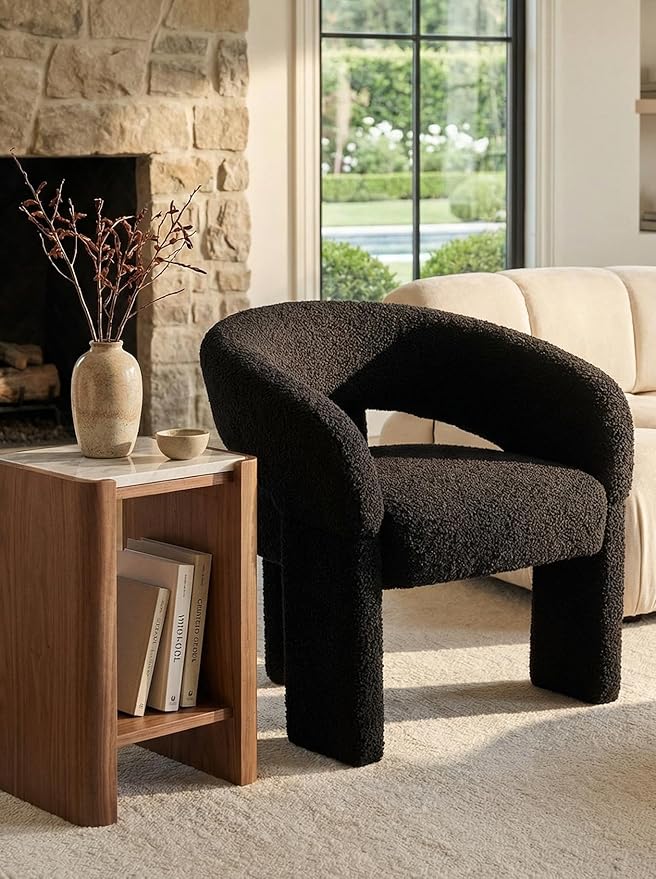 LukeAlon Modern Sherpa Accent Chair Barrel Back Armchair, Upholstered Lounge Chair for Living Room, Bedroom, Office, Waiting Rooms, Black