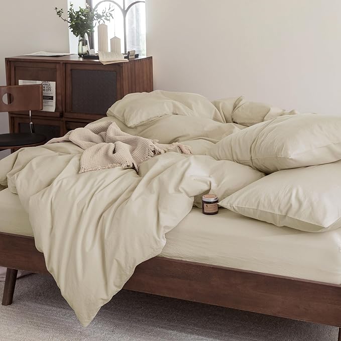 FOSSA Duvet Cover Set 100% Washed Cotton Linen Feel Super Soft Breathable Cozy 3 Pieces Bedding Sets Solid Almond Grey Oversized King Plus
