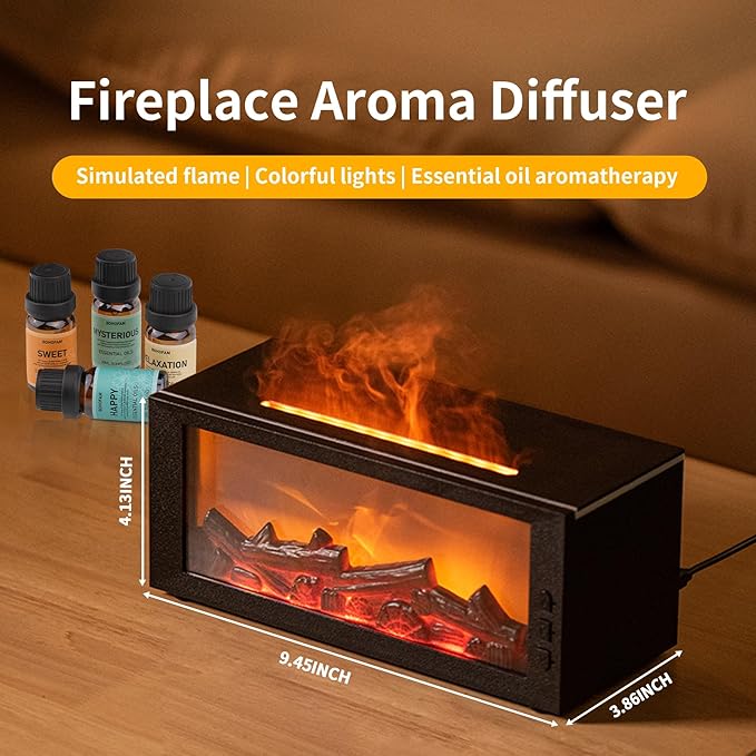 BOHOFAM Fireplace Essential Oil Aroma Diffuser,Flame Air Humidifiers 300ML,14-Hour Runtime,Colorful Flame Diffusers for Home,Included 4 * 10ML Hotel Collection Diffuser Oils for Bedroom(Black)