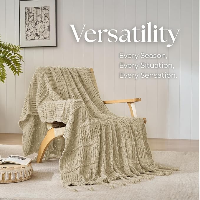 Boho Knitted Chenille Blanket with Tassels - Lightweight & Soft All-Season Throw - 3D Classic Pattern for Living Room Bedroom Couch, Sandy Beige, King 90"x108"