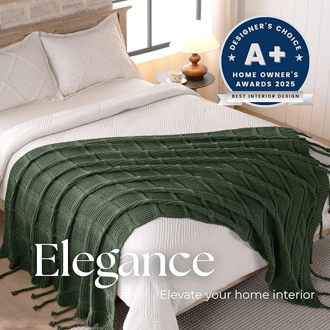 Boho Knitted Chenille Blanket with Tassels - Lightweight & Soft All-Season Throw - 3D Classic Pattern for Living Room Bedroom Couch, Imperial Green, King 90"x108"