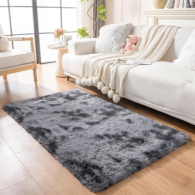 duduta Grey Plush Rugs for Bedroom 3x5 ft, Tie Dye Fluffy Gray Shag Rug for Dorm Nursery Bedside, Machine Washable Non Slip