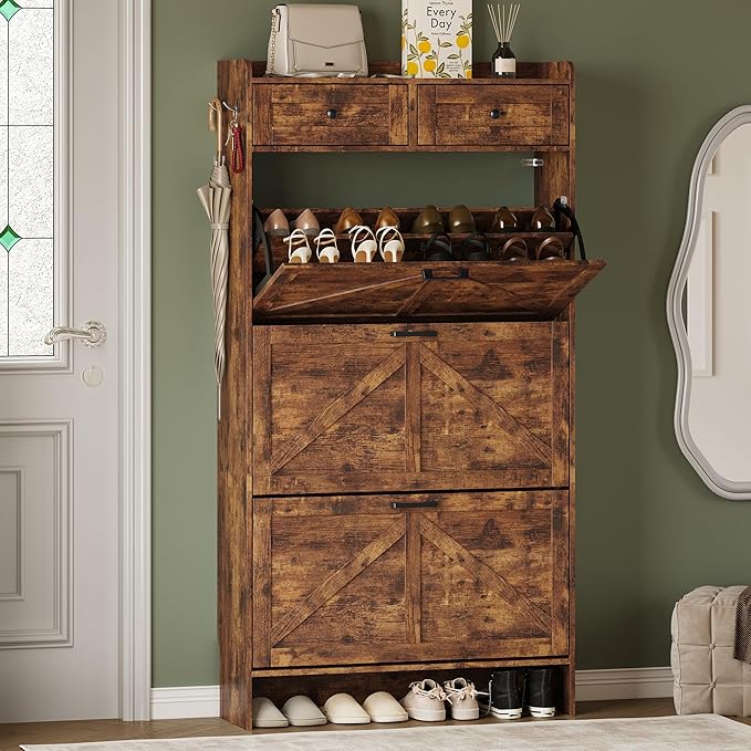 Shoe Storage Cabinet for Entryway, Farmhouse Narrow Shoe Cabinet with 3 Flip Drawers & 2 Top Drawers, Adjustable Shelves & Hooks, Freestanding Hidden Rack Organizer for Hallway, Foyer
