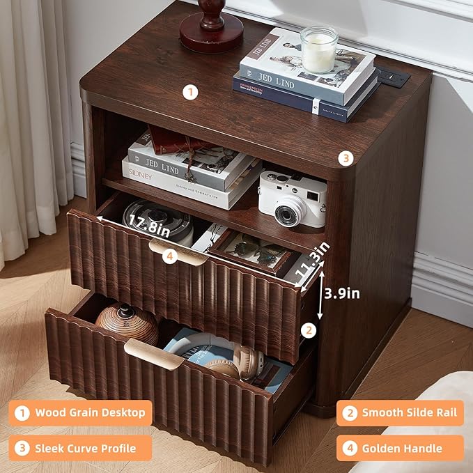 LEYAOYAO Fluted Farmhouse Nightstand Set of 2 with Charging Station, 23" Wide 2 Drawers Night Stand,Walnut Dresser for Bedroom,Bed Side Table Chest of Drawers,Wood End Table for Living Room