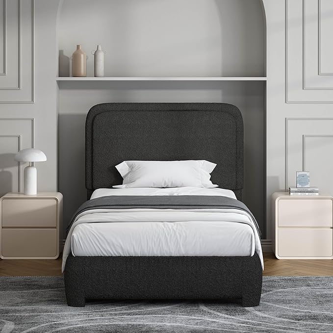 BarnFurin Twin Size Bed Frame, Boucle Upholstered Platform Bed Frame with Headboard, Modern Style, Soft Rounded Corners, No Box Spring Required, Easy Assembly, Black