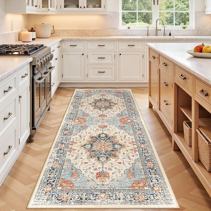 Area Rugs 3'x7' Washable Non-Slip, Floral Vintage Distress Print Pattern Medallion Carpet for Living Room Bedroom Dining Room, Beige Navy Blue Orange Colorful