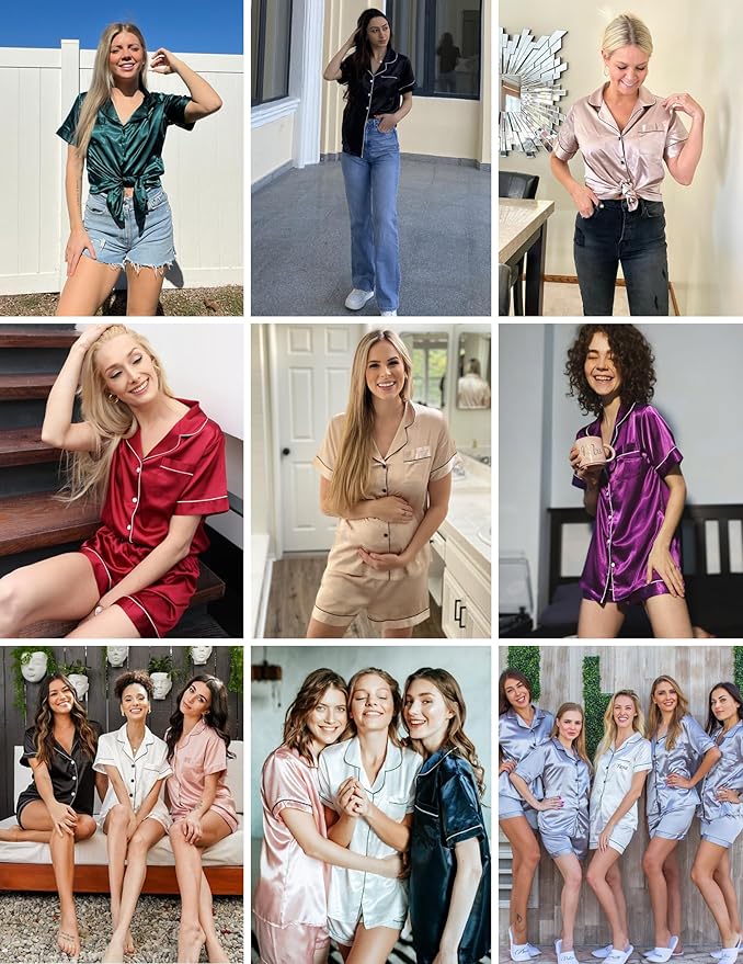 Ekouaer Silk Pajamas for Women Short Sleeve Sleepwear Soft Button Down Loungewear 2 Piece Satin Pjs Shorts Set