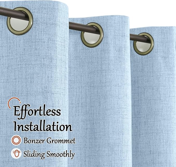 Baby Blue Linen Blackout Curtains for Nursery 63 Inch Length 2 Panels Set, Thermal Insulated Boho Total Black Out Noise Reducing Bonzer Grommets Window Curtains for Kids Bedroom, Each 60 Inch Wide