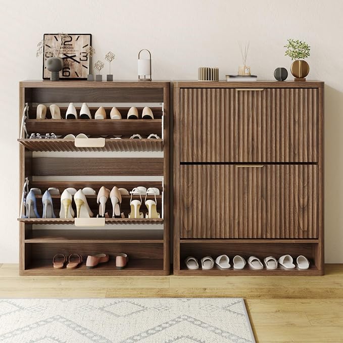 Fluted Shoe Cabinet Storage with 2 Flip Drawers, Narrow Shoe Storage Organizer for Entryway, Hidden Slim Wooden Shoe Rack Cabinet for Front Door Entrance, Hallway, Living Room (2-Drawer, Walnut)