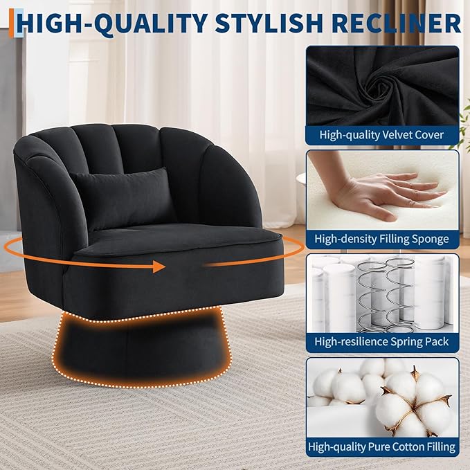 GarveeHome Modern Swivel Barrel Accent Chair, 360 Degree Velvet Upholstered Armchair with Striped Backrest & Plush Padding, Comfy Round Lounge Chair for Living Room, Bedroom, Reading Nook, Black 2 PCS