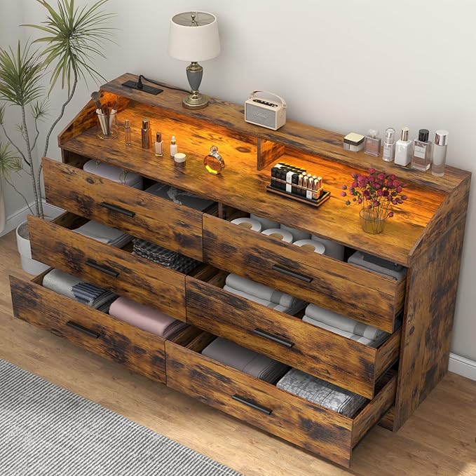 6 Drawer Dresser with Power Outlet, Chest of Drawers with LED Light, Modern Dresser with Open Storage Cubby, Double Wide Dressers Organizer for Bedroom, Living Room, Entryway, Hallway