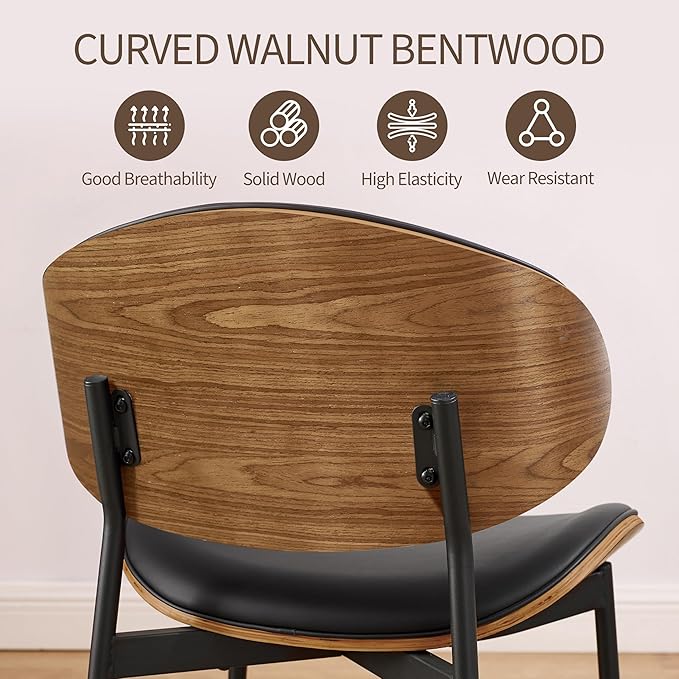 Art Leon Genuine Leather Dining Chairs Set of 2, Mid Century Modern Chair, Upholstered Kitchen Dining Room Chairs, Armless Accent Chair with Black Walnut Bendwood, Black
