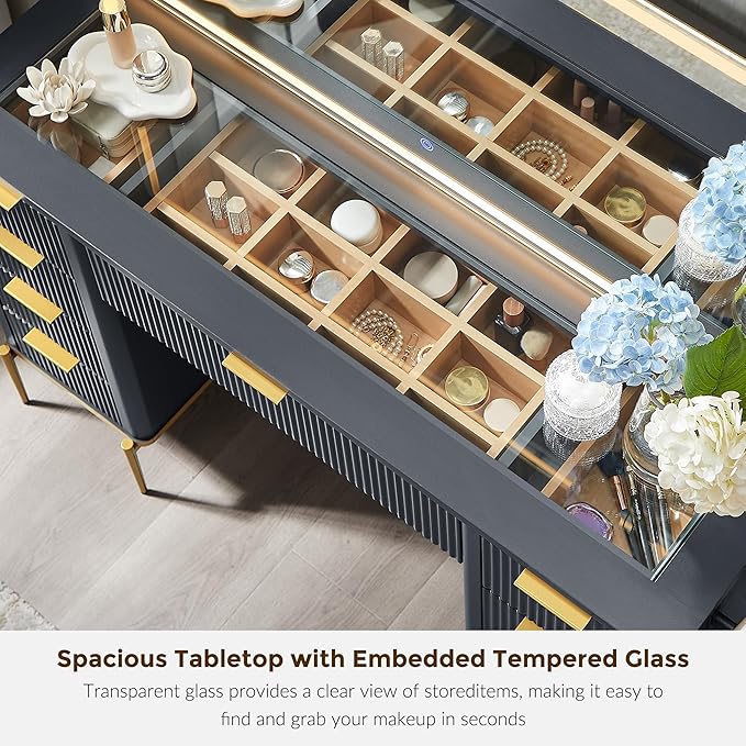 T4TREAM 48" Fluted Makeup Vanity Desk with 48" Large Mirror and HD LED Lights, Modern Vanity Table with Charging Station, Glass Top and Golden Handles Dressing Table for Bedroom,Dark Grey