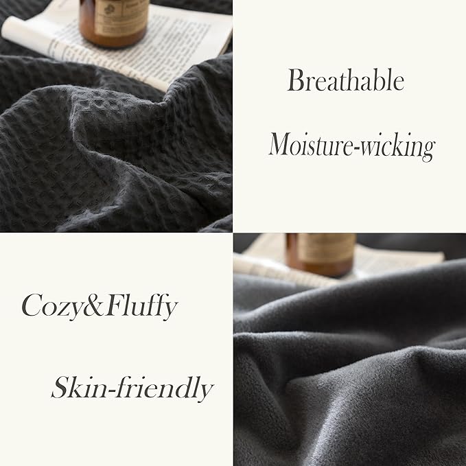 CHUFFED Cotton Waffle Blanket Queen Size - Plush Milk Velvet & Reversible Waffle Weave,Anti-Static 300Gsm Design，Thick Cozy Soft Winter Blanket for Bed, Couch, Sofa - Dark Grey, 90x90 Inches