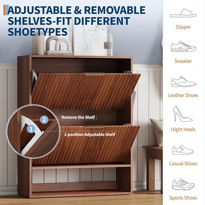 Garvee Fluted Shoe Storage Cabinet, Slim Hidden Shoe Rack Cabinet with 2 Flip Drawers & Bottom Open Shelf, Freestanding Entryway Organizer, Perfect for Closet, Hallway, Foyer, Walnut