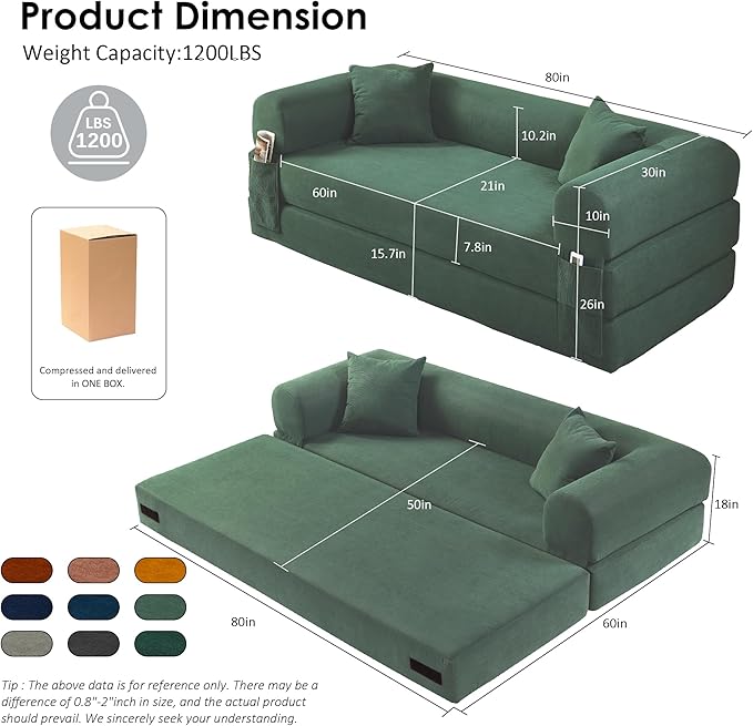 80" Convertible Sofa Bed, 3-in-1 Corduroy Folding Pull Out Couch with Pillows, No Assembly Modern Boneless Couch Compression Sofa in Box, Floor Sofa with Side Storage for Living Room,Light Green