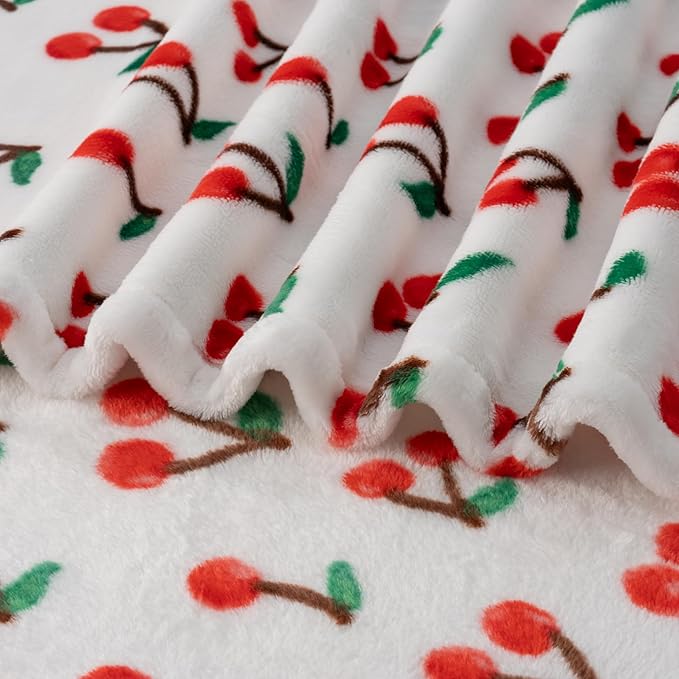 Berkshire Blanket-Classic Heavyweight Soft Printed VelvetLoft® Plush Throw Blanket, Cozy and Fuzzy, Cherries Toss White, 50in x 70in