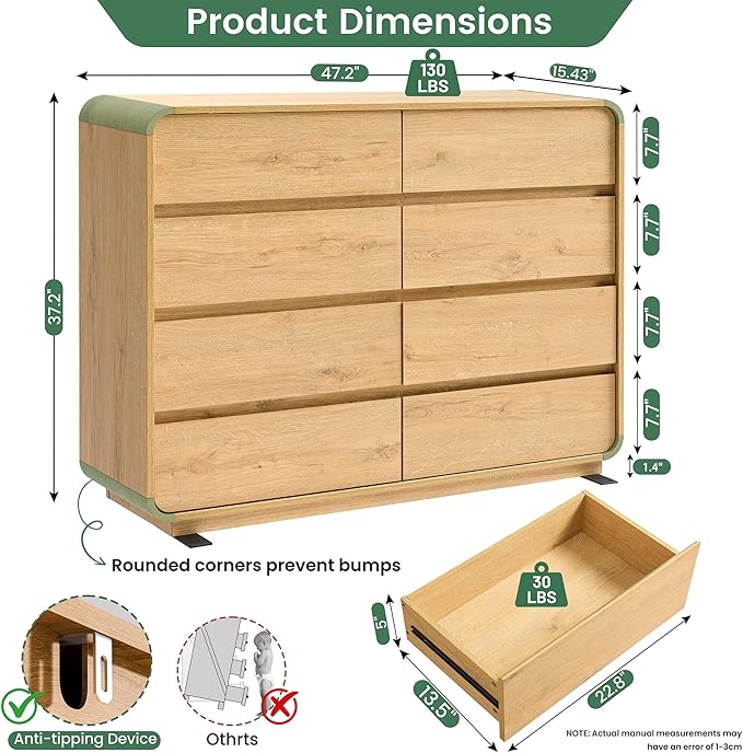 Chest of Dressers with 8 Drawers, 47’’ Wide Dresser with Anti-Tipping Device, Clothes Organizer for Bedroom, Natural Drawer Closet with Arc Design.
