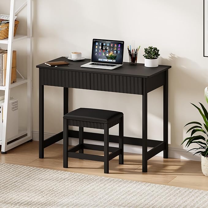 ChooChoo 40 Inch Modern Desk with Drawers, Makeup Vanity Desk with Padded Stool, Small Home Office Desk for Bedroom, Black