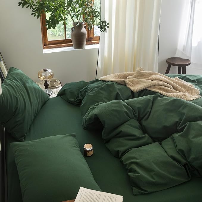 FOSSA Duvet Cover Set 100% Washed Cotton Linen Feel Super Soft Breathable Cozy 3 Pieces Bedding Sets Solid Forest Green King