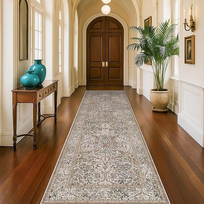 Moss Green 2'6" x 10' Long Runners for Hallways Non Slip, Vintage Washable Rugs for Kitchen, Entryway Stain Resistant with Rubber Backing - Vintage Taupe Brown Floral Décor
