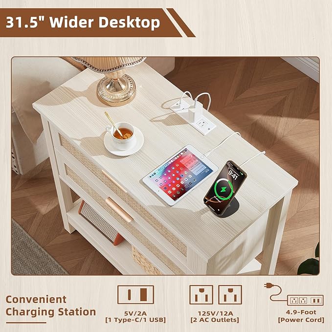 LEYAOYAO 31.5" Wide Rattan Night Stand Set 2 with Charger Station, Oversized Large Boho Nightstand with 2 Drawer, Grey White Bed Side End Tables, Tall Bedside Table for Bedroom Living Room, Hallway