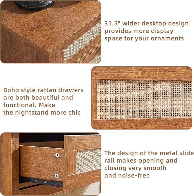 LEYAOYAO 31.5" Wide Rattan Night Stand, Large Boho Nightstand, Bedside Table with Storage, Tall Bed Side End Tables, Chest of Drawers for Bedroom, Living Room, Hallway（Brown,3 Drawers,2）