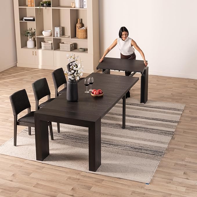 Transformer Table - Solid Wood Extendable Dining Table, Seats 2-12, Extendable Dining Room Table, Space-Saving Furniture, Expandable Dining Furniture (Black, Table + 4 Chairs)