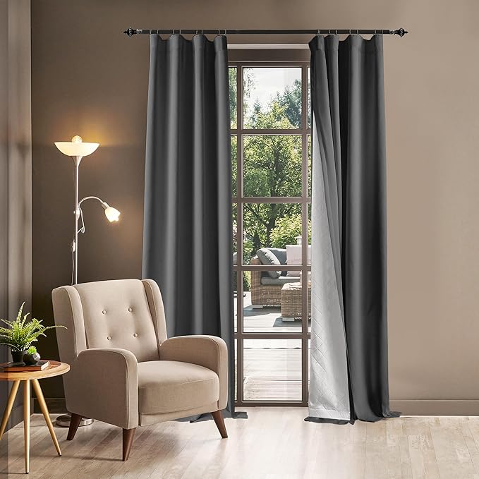 100% Blackout Thermal Insulated Curtains, 3 Layers Noise Absorbing, Soundproof Back Tab Drapes for Sliding Glass Door Baby Nursery Bedroom with Hooks, Grey 50x108 Inch Set of 1