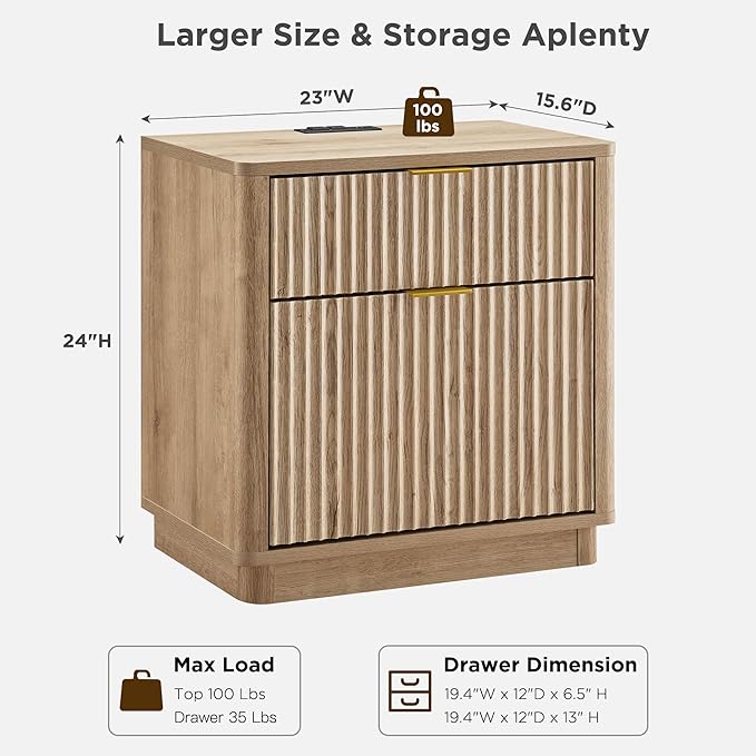 T4TREAM 23'' Fluted Nightstand with Charging Station, Large 2 Drawer Bedside Table, Modern End Table with Storage, Mid Century Night Stand for Bedroom, Living Room, Curved Profile, Natural Oak