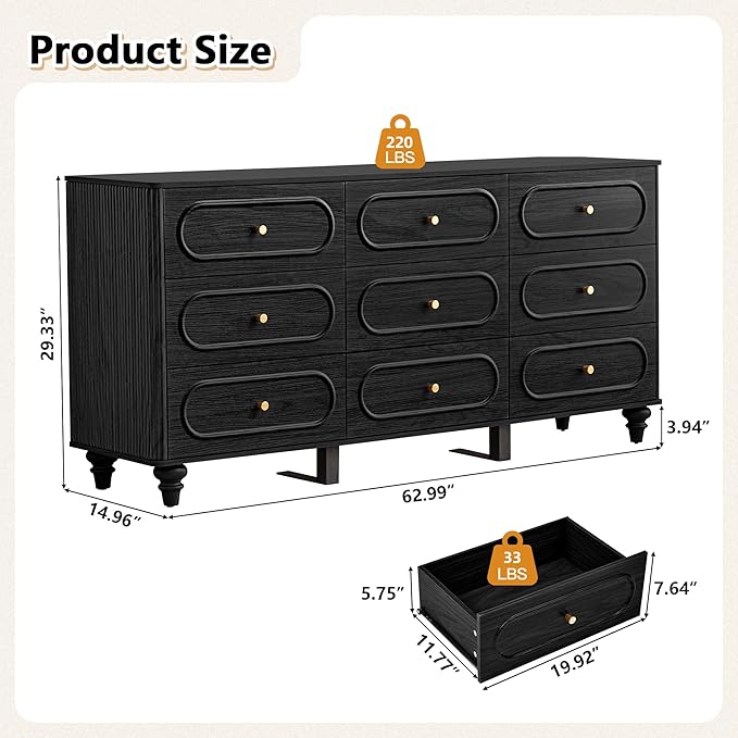 9 Drawer Fluted Dresser for Bedroom, Mid Century Modern Chest of Drawers, Wood Storage Small Dresser Organizer for Bedroom Living Room Hallway Closet, Black