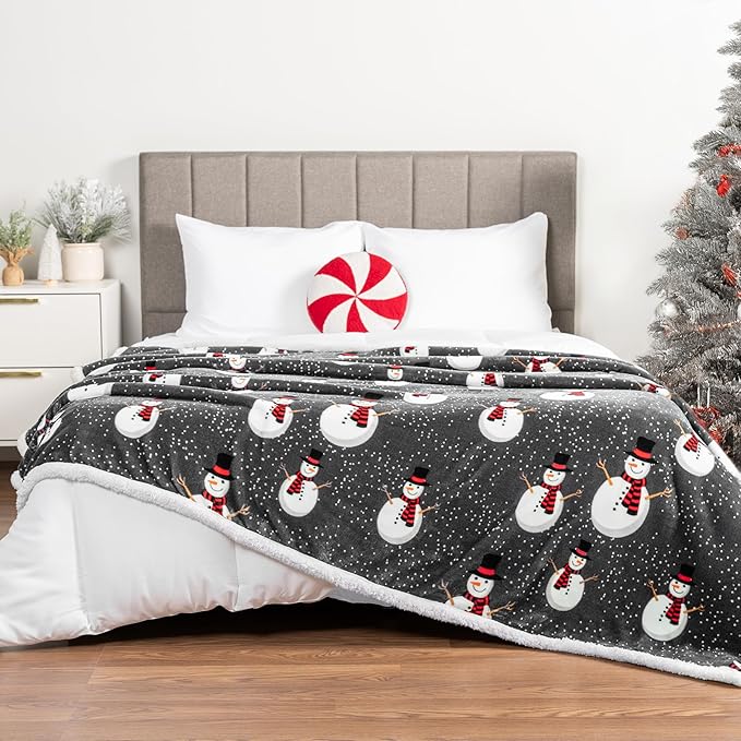 PAVILIA Premium Christmas Sherpa Throw Blanket, 50x60, Grey Snowman Cozy Fleece Holiday Blanket, Reversible Plush Winter Throw for Couch & Bed, Ultra Soft Warm