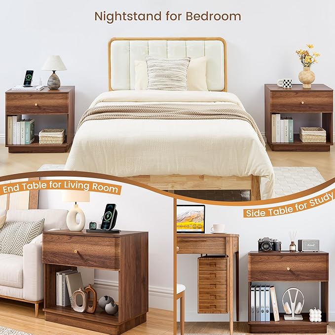 Narrow Nightstand Set of 2, Wooden Small 2 Drawer Nightstand, Slim Side End Table, Skinny Bedside Table, Mid Century Modern Night Stand with Drawers, for Living Room (Walnut-Charging Station-2 pcs)