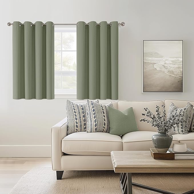 ChrisDowa 100% Blackout sage Solid Curtains 45 Inches Long 2 Panels for Bedroom Living Room,Farmhouse Room Darkening Thermal Insulated Soundproof Grommet Top Window Treatment Drapes,52x45