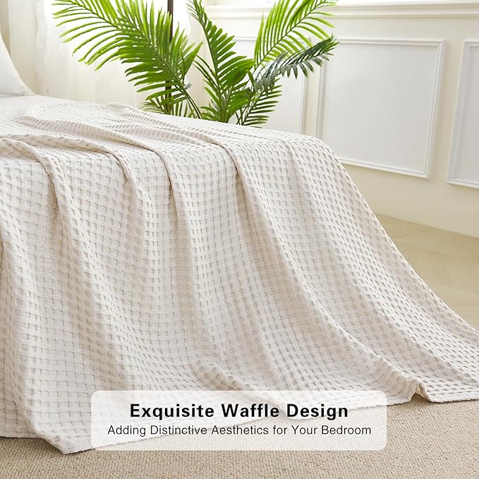 Aganear Waffle Blanket - Lightweight Breathable Summer Blanket of 50% Cotton and 50% Rayon Derived from Bamboo for Hot Sleepers Luxury Throws for Bed, Couch and Sofa,Beige,50x70 Inches