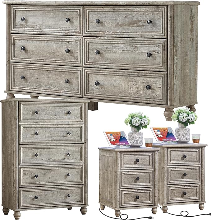 Farmhouse Dressers & Night Stand Set of 4, Wood 54" Wide Dresser & 45" Tall Chest of Drawers, 18" with Charging Station Nightstand Set of 2, Bedroom Furniture Dresser Set for Home Living Room Hallway