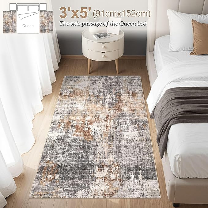 Washable Area Rug: 3x5 ft Abstract Small Rugs for Entryway Kitchen Living Room Bedroom - Non Slip Modern Neutral Carpet Indoor Front Door - Grey Brown