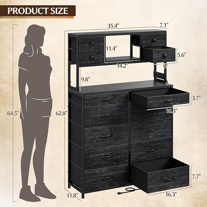 EnHomee Black Dresser with 14 Fabric Drawers, Dresser for Bedroom with Charging Station and LED Lights,Dressers & Chests of Drawers for Bedroom, Steel Frame & Wooden Top, Entryway