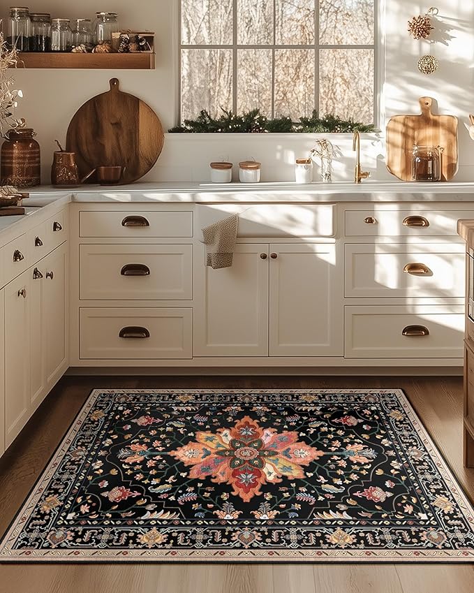 Area Rugs 3'x4' Washable Non-Slip, Floral Vintage Distress Print Pattern Medallion Carpet for Living Room Bedroom Dining Room, Black Colorful Floral Dark Tan